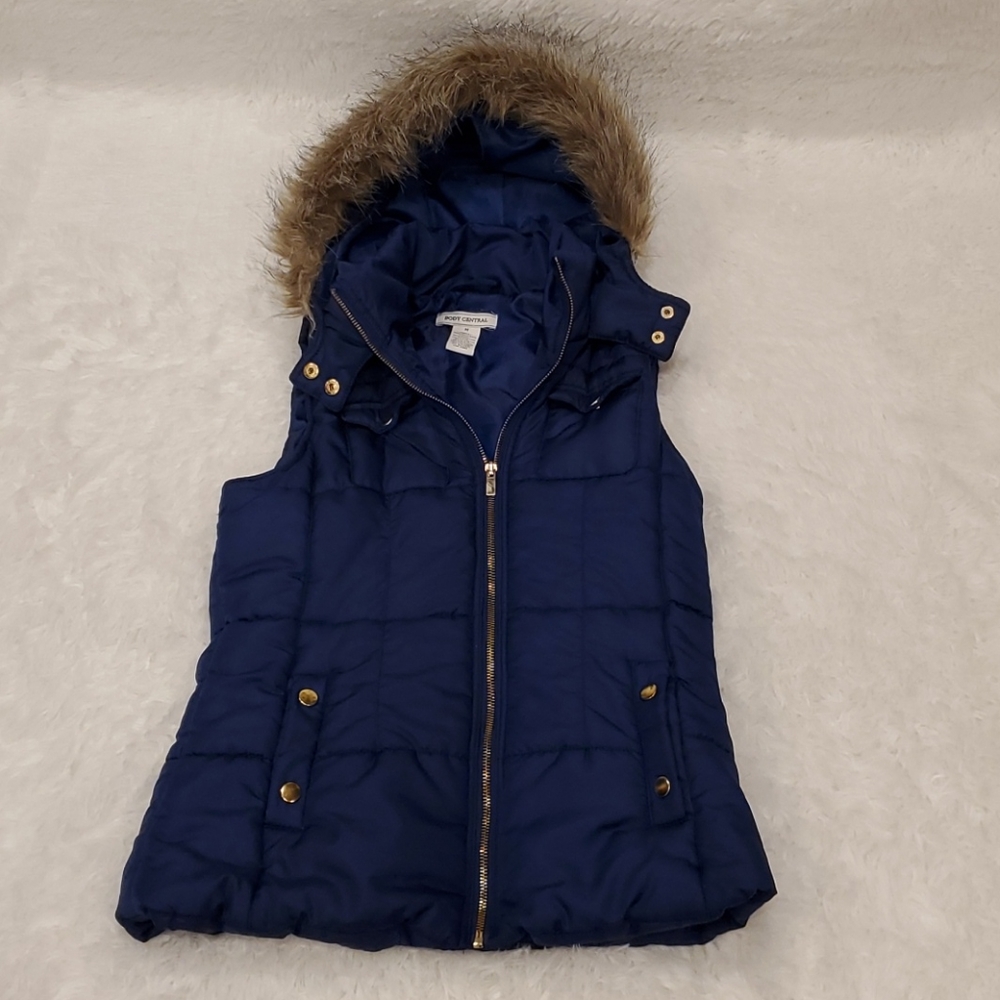 Body Central M Womens Navy Blue Puffy Vest w/ Hood